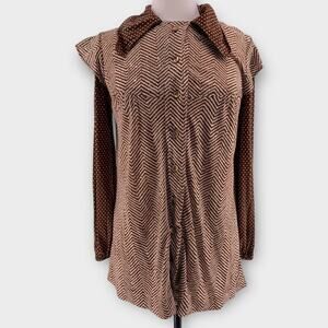Hippie Librarian Secretaty 70s Blouse Vintage Brown Chevron Polkadot L